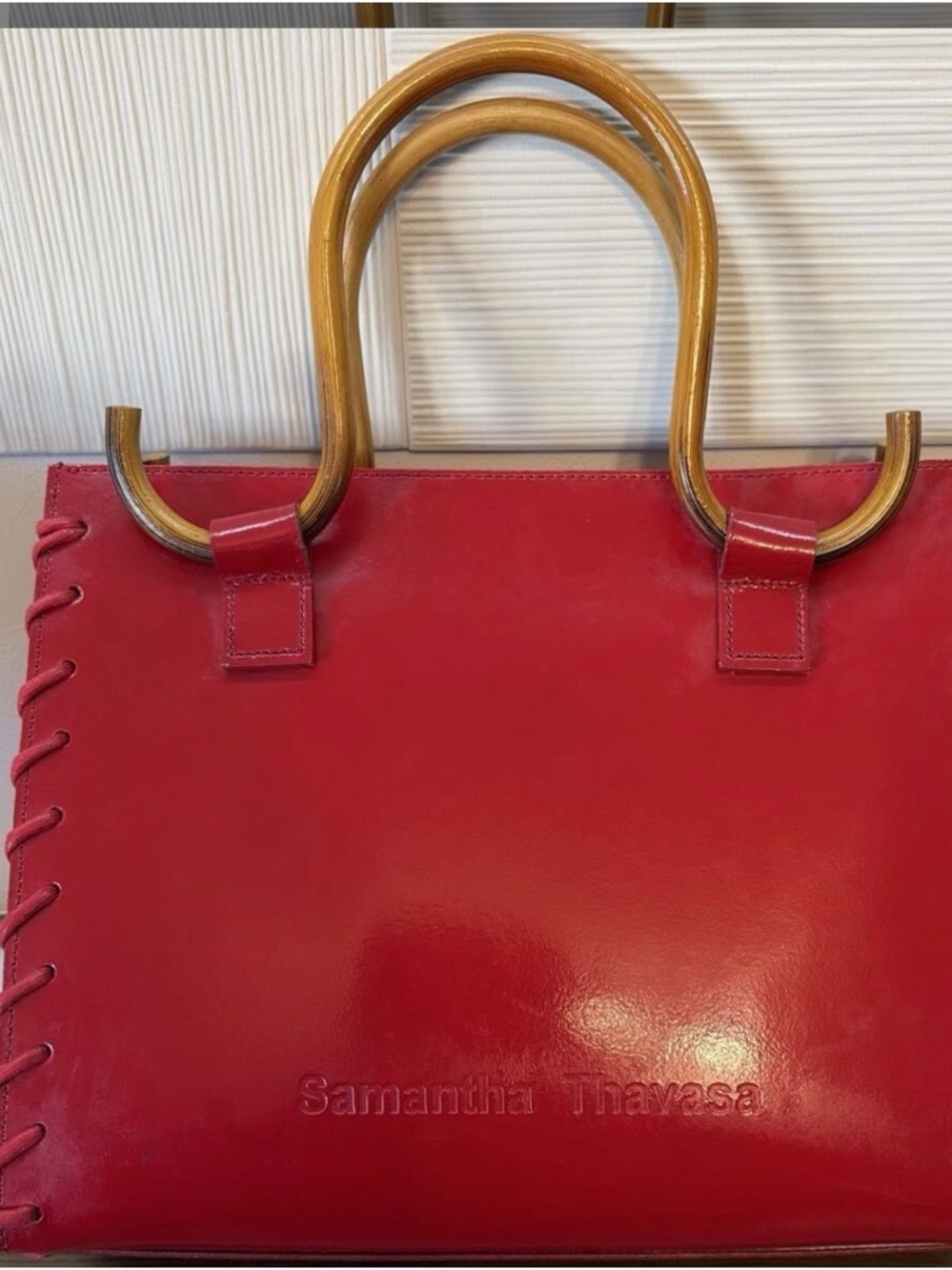 Samantha Thavasa Bright Red Leather Tote with Wooden Circle Handles